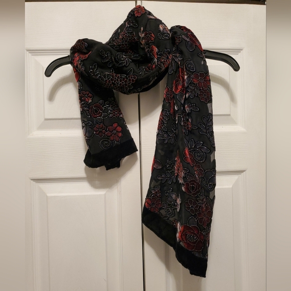 Vintage Black Red Velvet Silk Floral Scarf Wrap Sheer 60 Inch Women's - Picture 3 of 8